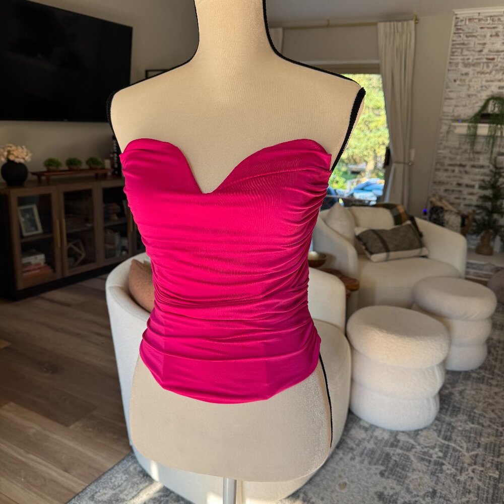 Express Pink Ruched Strapless Corset Back Zip Top